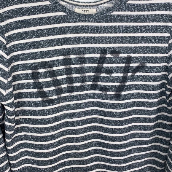 OBEY Grey and White Striped Crewneck Shirt Size Medium - Picture 2 of 6